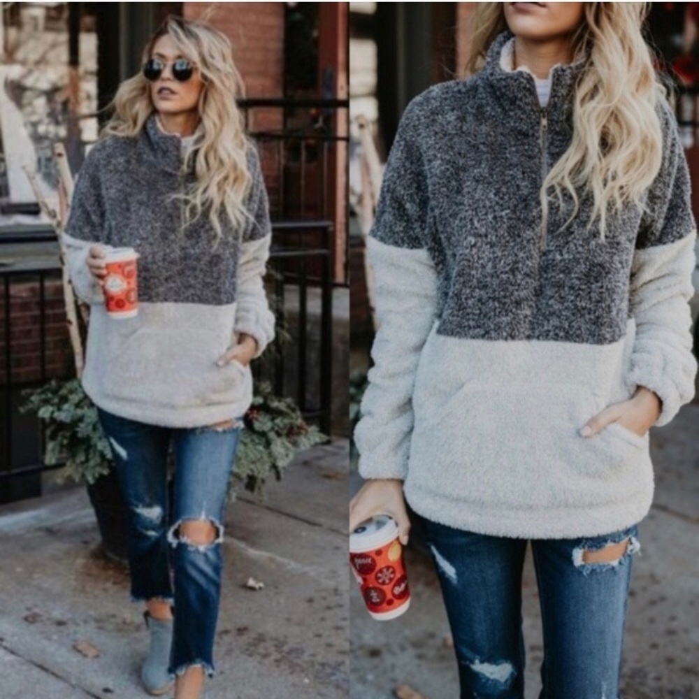 Charcoal Fuzzy Two Toned Zip Up